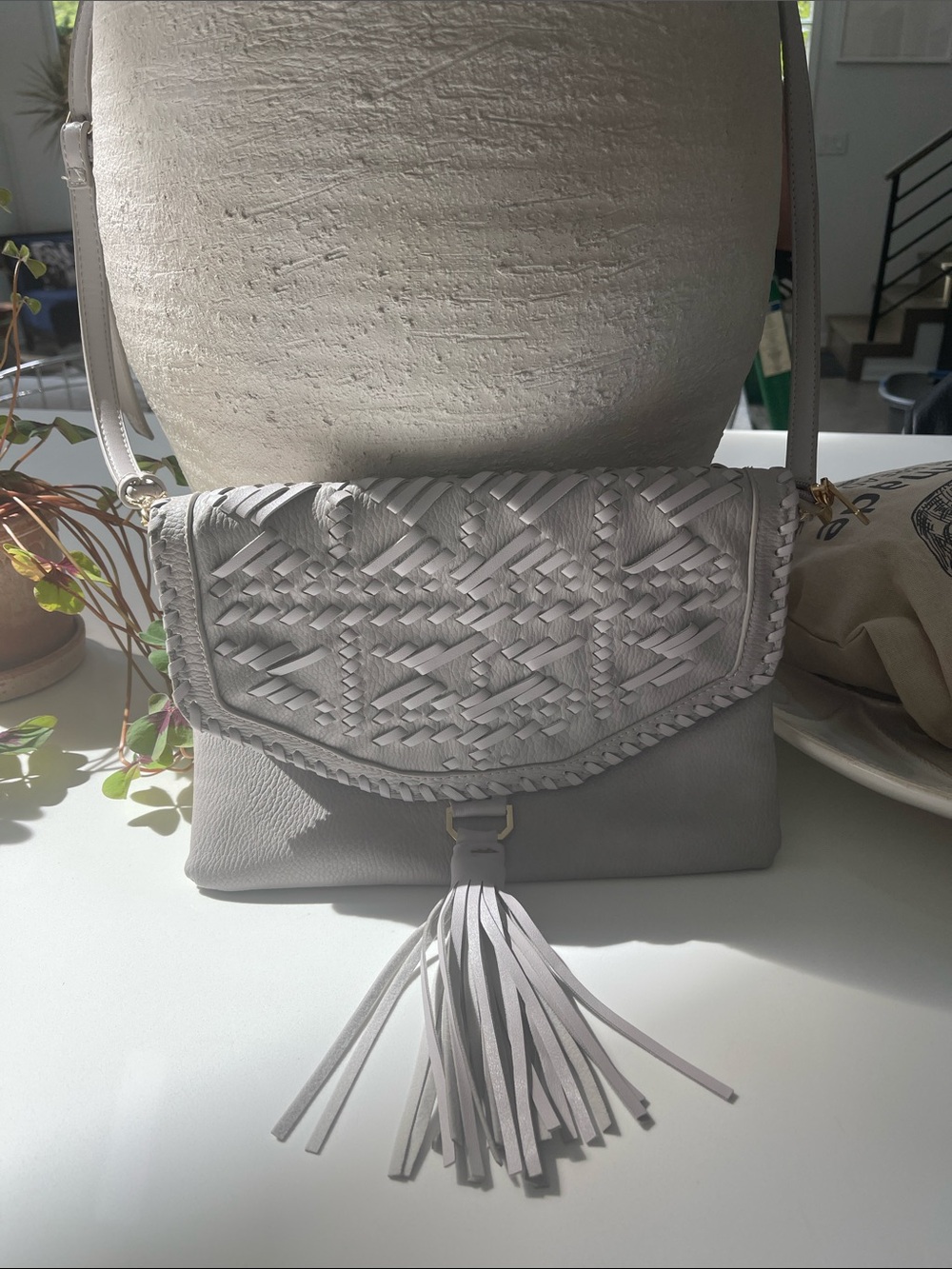 Woven Flap Crossbody Bag with Tassel - Light Gray